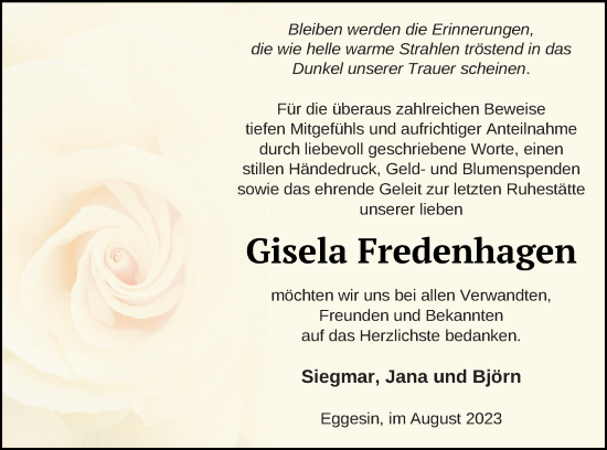 Traueranzeige von Gisela Fredenhagen von Haff-Zeitung