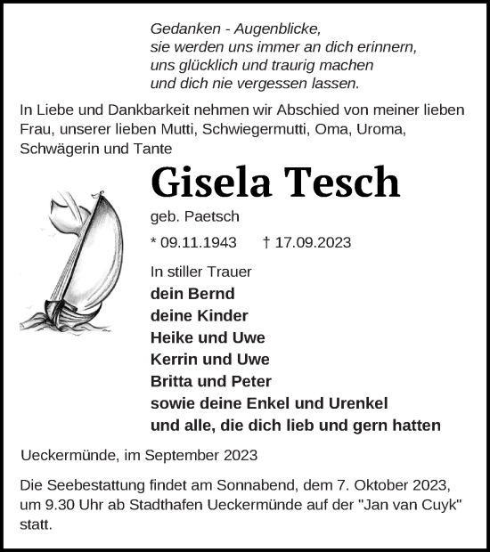 Traueranzeige von Gisela Tesch von Haff-Zeitung
