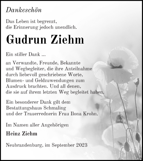 Traueranzeige von Gudrun Ziehm von Neubrandenburger Zeitung