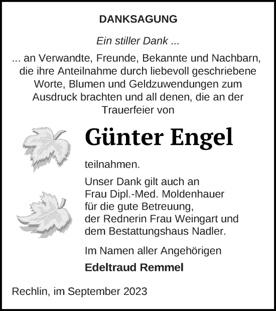 Traueranzeige von Günter Engel von Müritz-Zeitung