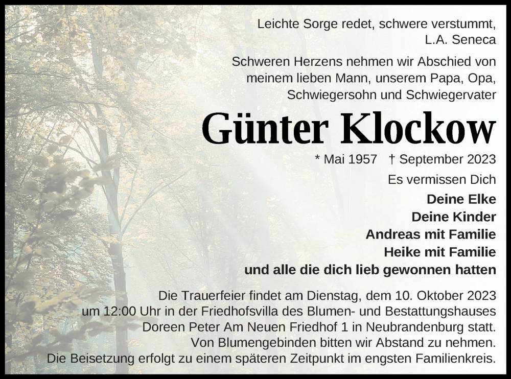 Traueranzeige für Günter Klockow vom 23.09.2023 aus Neubrandenburger Zeitung