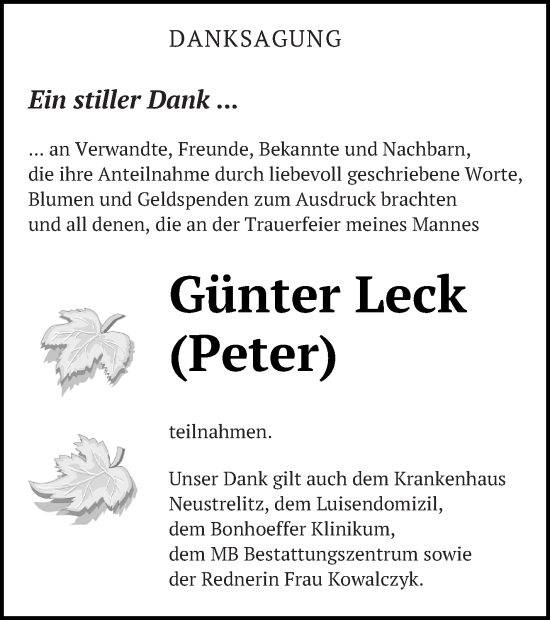 Traueranzeige von Günter Leck von Strelitzer Zeitung