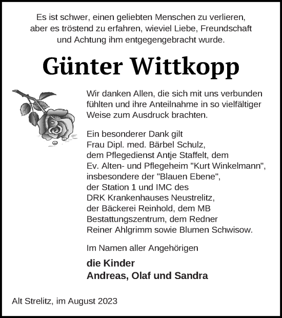 Traueranzeige von Günter Wittkopp von Pasewalker Zeitung