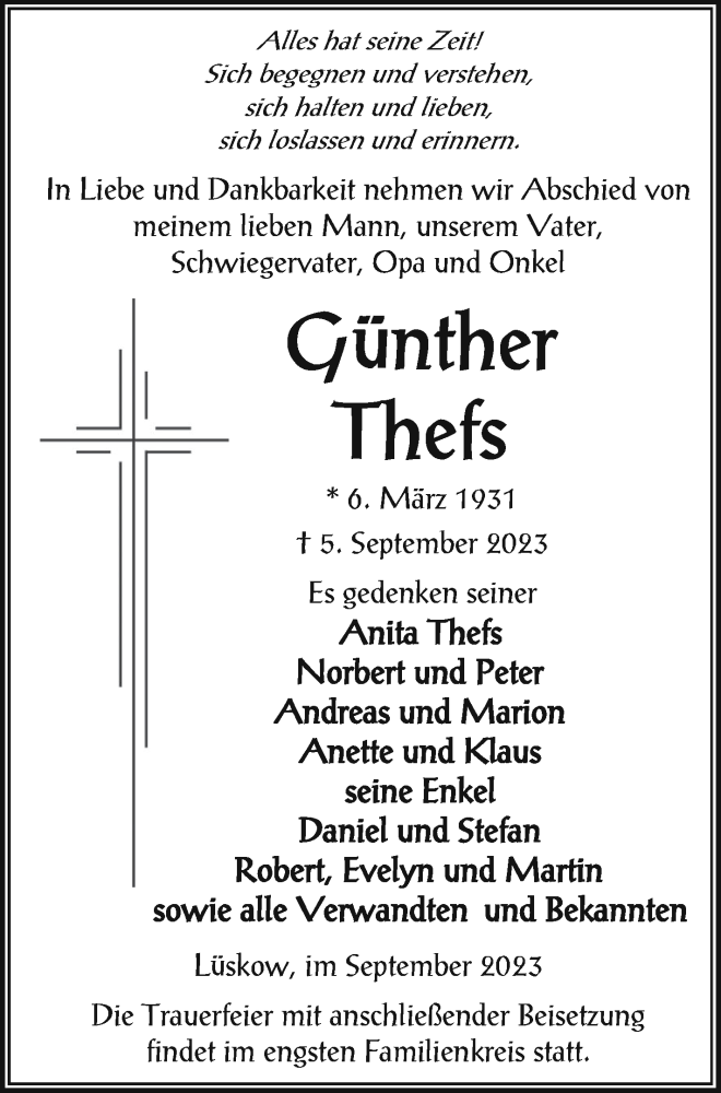  Traueranzeige für Günther Thefs vom 09.09.2023 aus Vorpommern Kurier