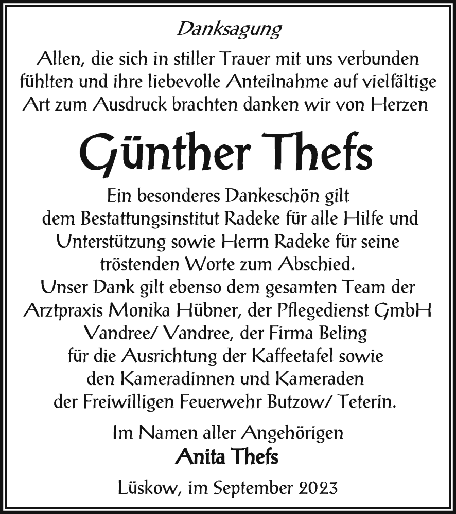  Traueranzeige für Günther Thefs vom 30.09.2023 aus Vorpommern Kurier