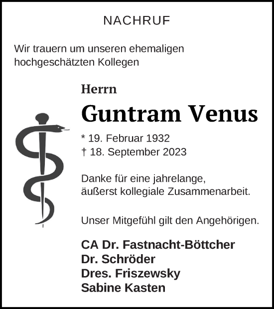 Traueranzeige von Guntram Venus von Haff-Zeitung