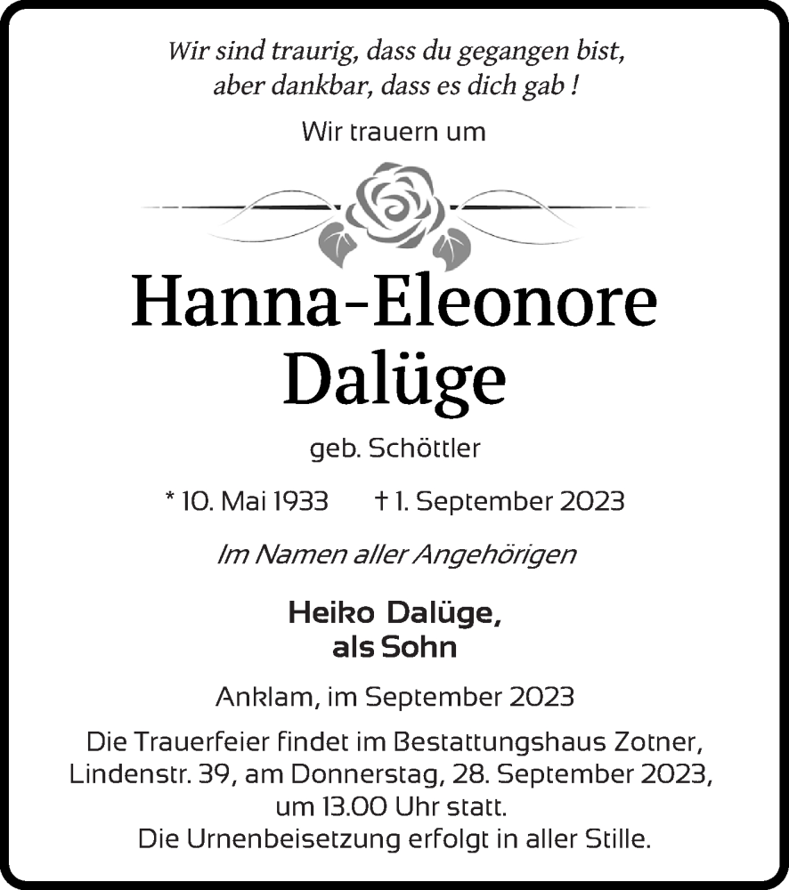  Traueranzeige für Hanna-Eleonore Dalüge vom 23.09.2023 aus Vorpommern Kurier
