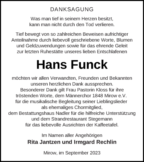 Traueranzeige von Hans Funck von Strelitzer Zeitung