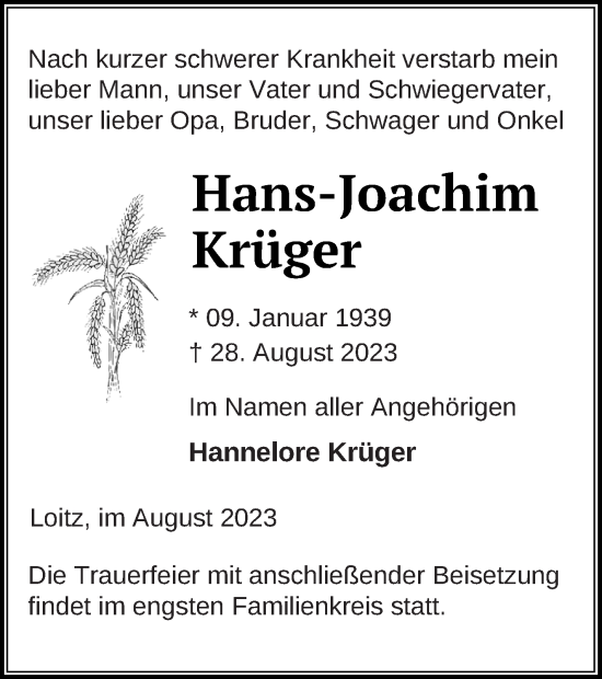 Traueranzeige von Hans-Joachim Krüger von Vorpommern Kurier