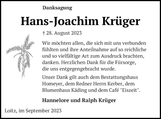 Traueranzeige von Hans-Joachim Krüger von Vorpommern Kurier