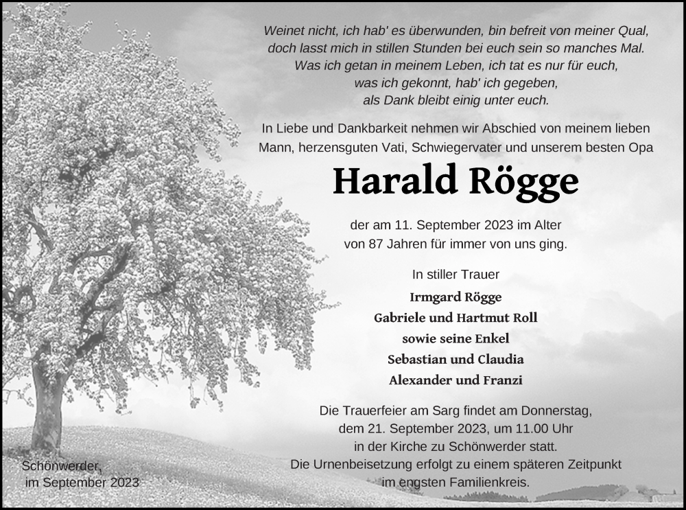  Traueranzeige für Harald Rögge vom 16.09.2023 aus Prenzlauer Zeitung