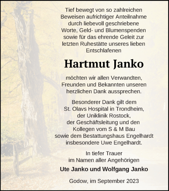 Traueranzeige von Hartmut Janko von Müritz-Zeitung