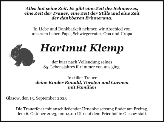 Traueranzeige von Hartmut Klemp von Pasewalker Zeitung