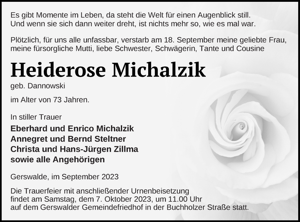  Traueranzeige für Heiderose Michalzik vom 30.09.2023 aus Templiner Zeitung