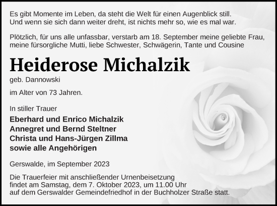 Traueranzeige von Heiderose Michalzik von Templiner Zeitung