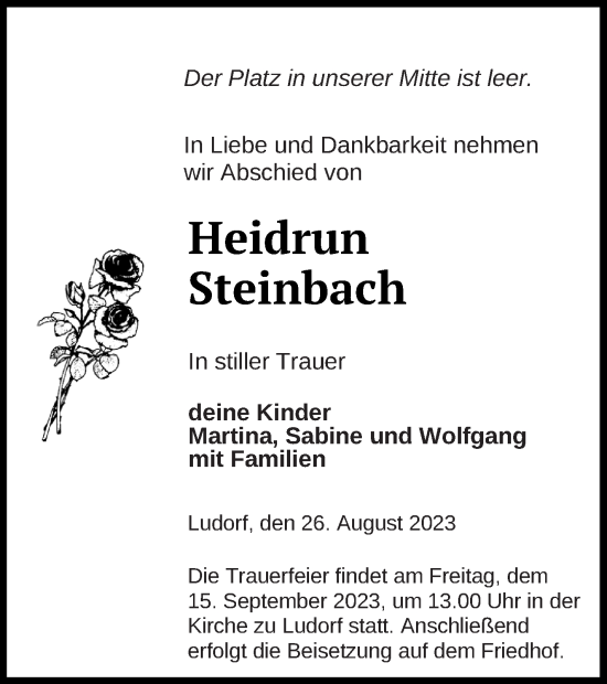 Traueranzeige von Heidrun Steinbach von Müritz-Zeitung