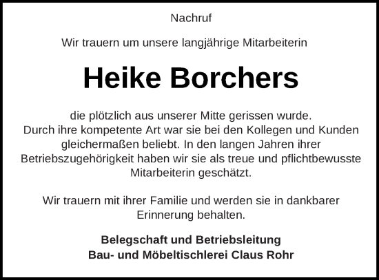 Traueranzeige von Heike Borchers von Müritz-Zeitung