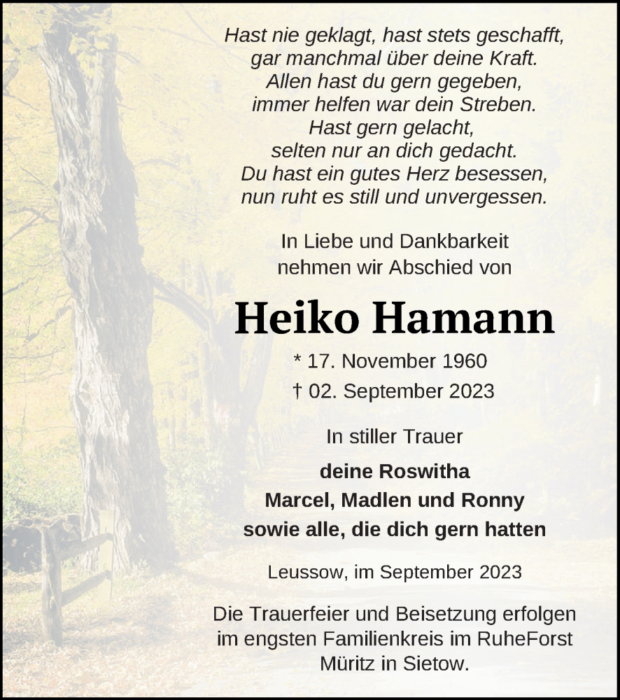  Traueranzeige für Heiko Hamann vom 08.09.2023 aus Strelitzer Zeitung