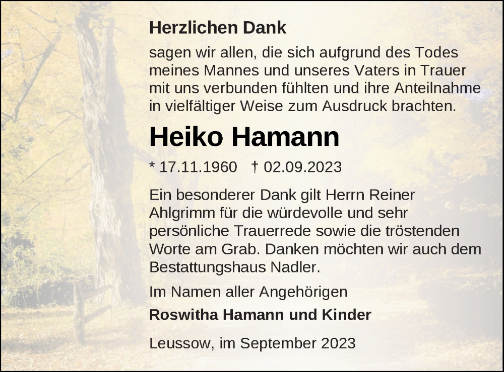  Traueranzeige für Heiko Hamann vom 29.09.2023 aus Strelitzer Zeitung