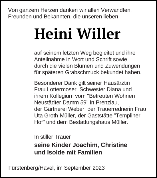 Traueranzeige von Heini Willer von Prenzlauer Zeitung