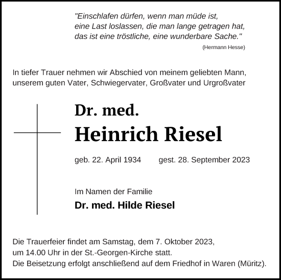 Traueranzeige von Heinrich Riesel von Müritz-Zeitung