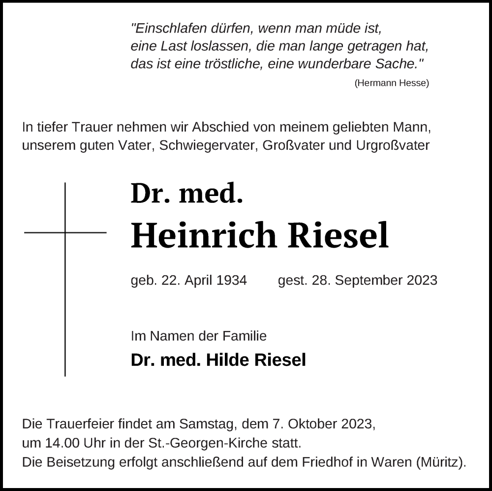  Traueranzeige für Heinrich Riesel vom 30.09.2023 aus Müritz-Zeitung