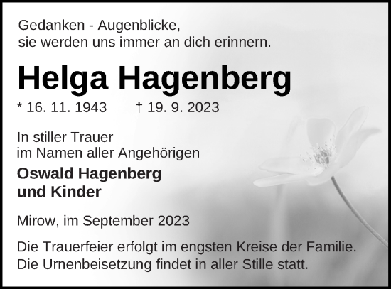 Traueranzeige von Helga Hagenberg von Strelitzer Zeitung