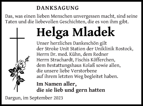 Traueranzeige von Helga Mladek von Mecklenburger Schweiz