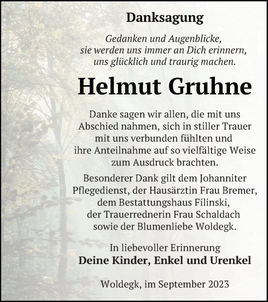 Traueranzeige von Helmut Gruhne von Strelitzer Zeitung