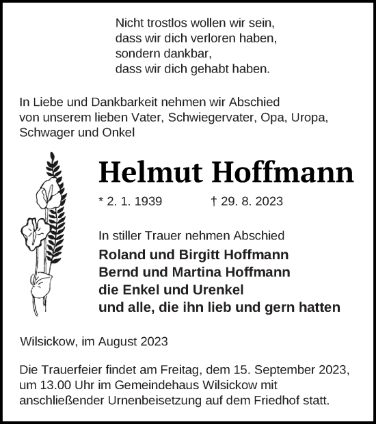 Traueranzeige von Helmut Hoffmann von Pasewalker Zeitung