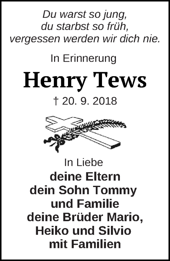 Traueranzeige von Henry Tews von Pasewalker Zeitung