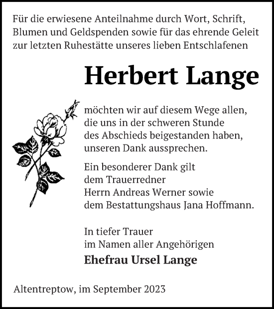 Traueranzeige von Herbert Lange von Neubrandenburger Zeitung