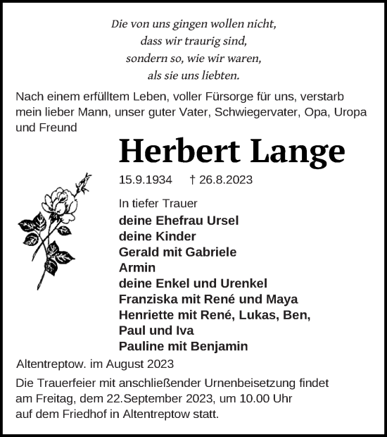 Traueranzeige von Herbert Lange von Neubrandenburger Zeitung