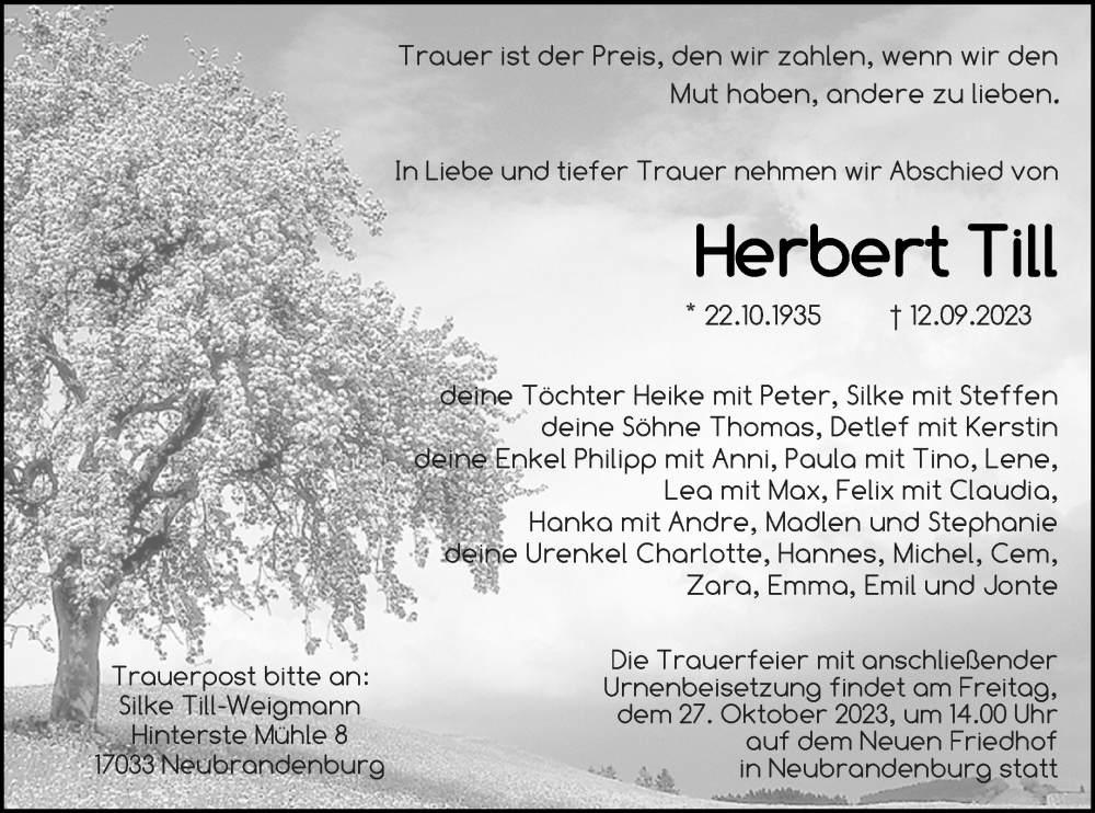  Traueranzeige für Herbert Till vom 16.09.2023 aus Neubrandenburger Zeitung