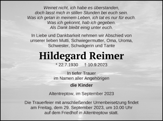 Traueranzeige von Hildegard Reimer von Neubrandenburger Zeitung