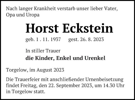 Traueranzeige von Horst Eckstein von Haff-Zeitung