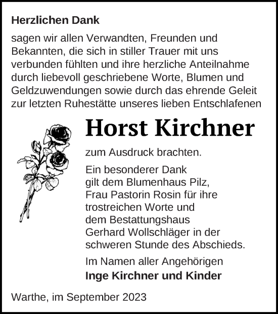 Traueranzeige von Horst Kirchner von Templiner Zeitung