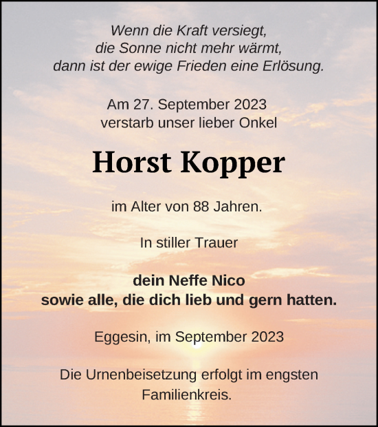 Traueranzeige von Horst Kopper von Haff-Zeitung