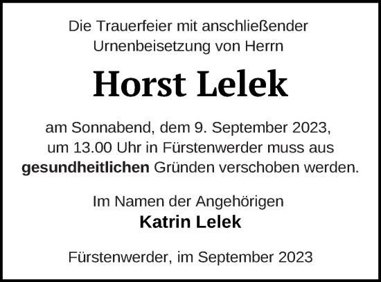 Traueranzeige von Horst Lelek von Prenzlauer Zeitung