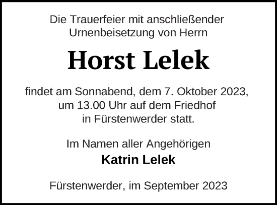 Traueranzeige von Horst Lelek von Prenzlauer Zeitung