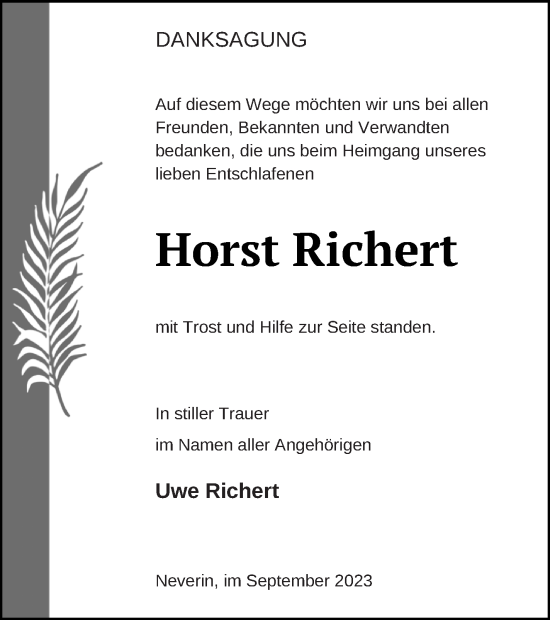 Traueranzeige von Horst Richert von Neubrandenburger Zeitung