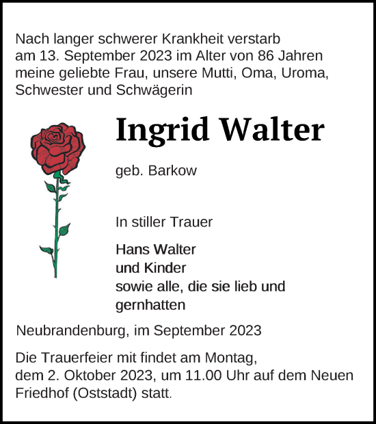 Traueranzeige von Ingrid Walter von Neubrandenburger Zeitung