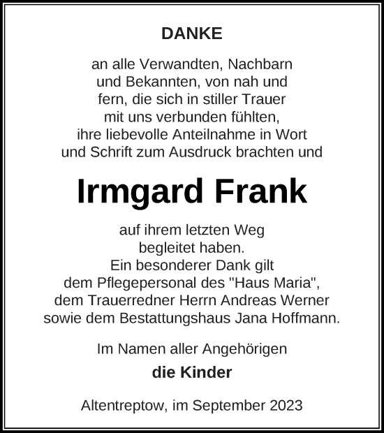 Traueranzeige von Irmgard Frank von Neubrandenburger Zeitung