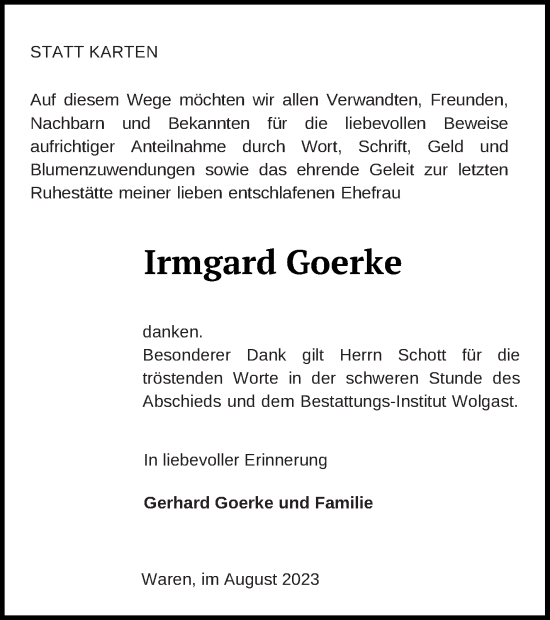 Traueranzeige von Irmgard Goerke von Müritz-Zeitung