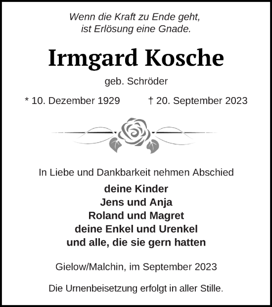 Traueranzeige von Irmgard Kosche von Mecklenburger Schweiz