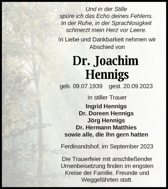 Traueranzeige von Joachim Hennigs von Haff-Zeitung