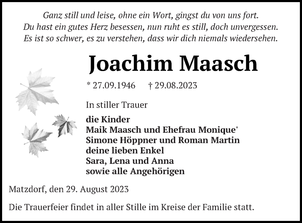  Traueranzeige für Joachim Maasch vom 01.09.2023 aus Pasewalker Zeitung