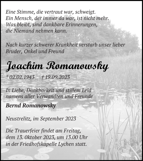 Traueranzeige von Joachim Romanowsky von Strelitzer Zeitung