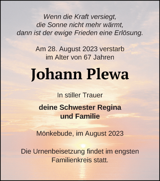 Traueranzeige von Johann Plewa von Haff-Zeitung