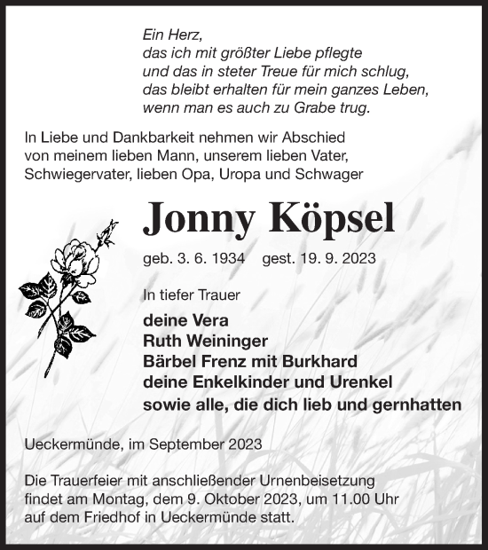 Traueranzeige von Jonny Köpsel von Haff-Zeitung
